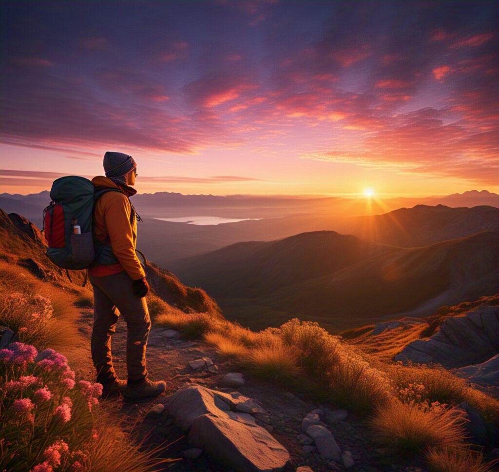 image of a man standing on the edge of a moutain hill at sunrise