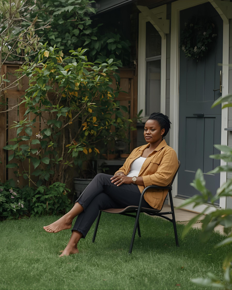 A woman sitting in a serene garden, contemplating life and reflecting on what the pause taught me