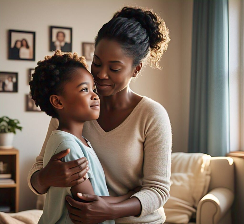 A woman hugging her child indication a process of healing from childhood wounds