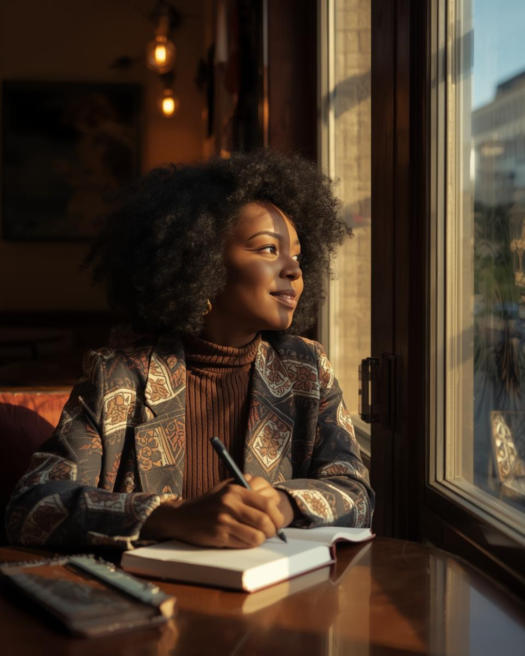 A woman journaling by a window in warm natural light, reflecting quietly as a symbol of living authentically every day.