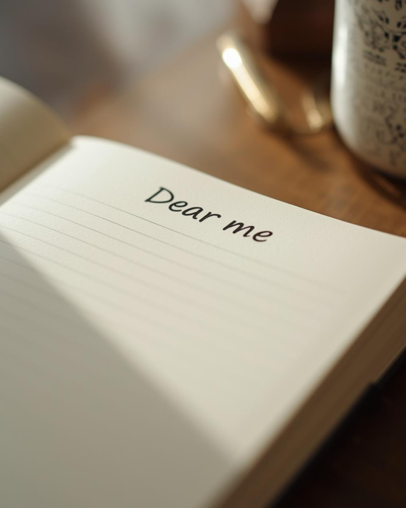 Open notebook with ‘Dear me’ written on the page, symbolizing writing letters to yourself and listening to your inner voice.
