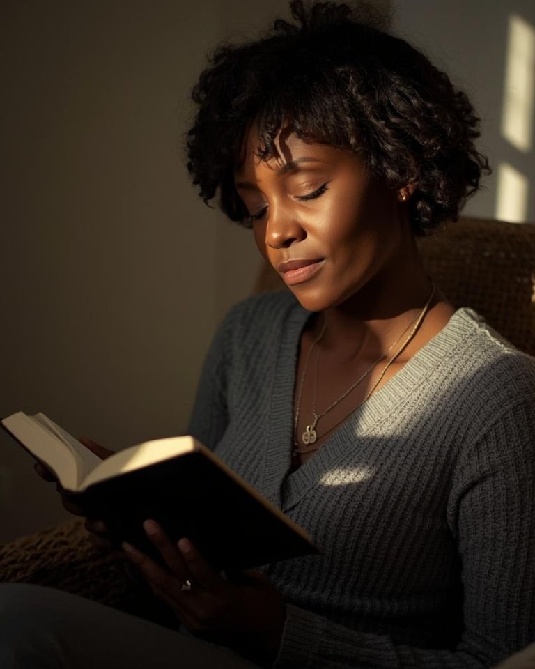 Woman reading the Bible in quiet stillness, reflecting on faith, surrender, and self-discovery through trusting God.”
