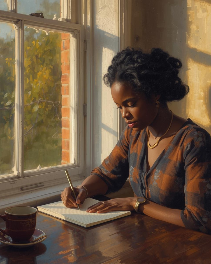 A woman journaling quietly by a window in natural light, reflecting during a season of inner change and embracing a gentle life reset without pressure.