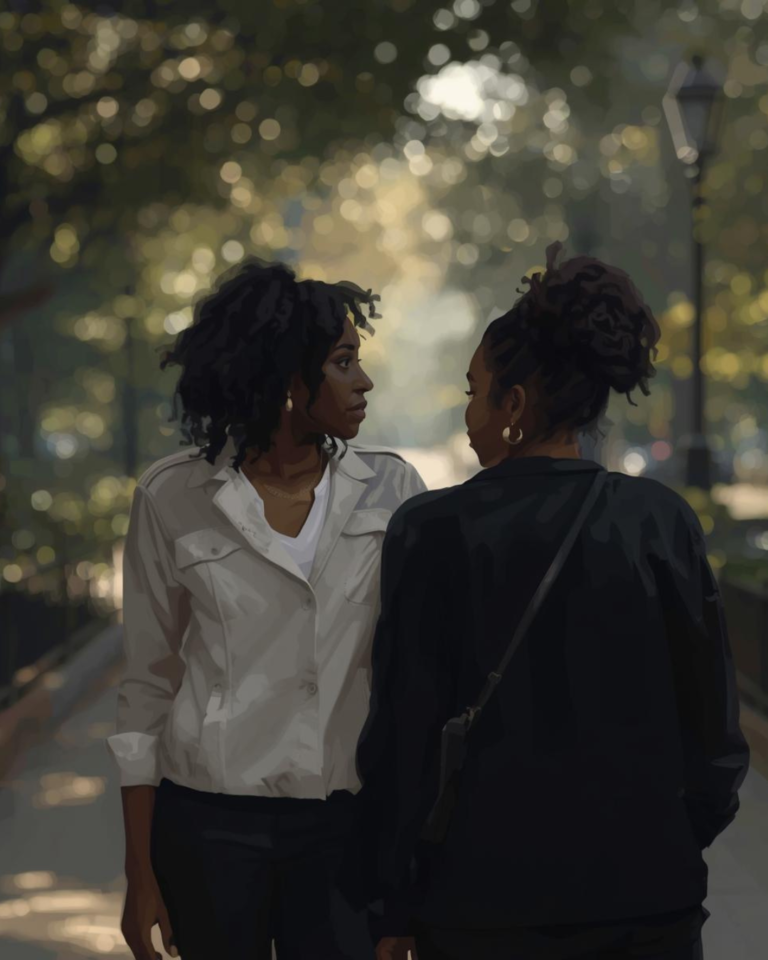 Two women walking together outdoors, reflecting gentle boundaries and self-respect.