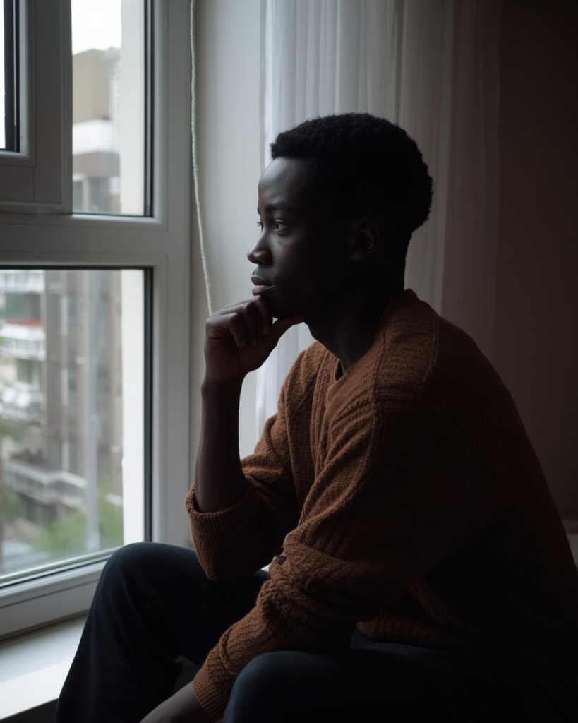 The Childhood We Carry: How Early Lessons Shape Us – A person quietly reflecting by a window.”