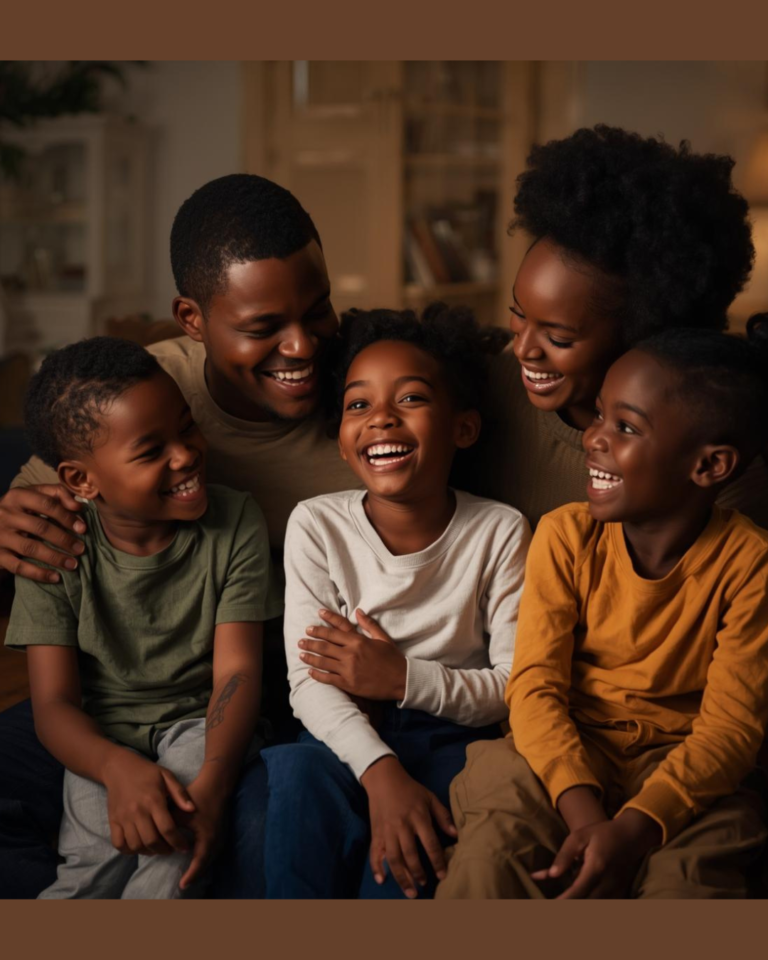 A happy family sitting together and laughing mirroring why quality time with children matters