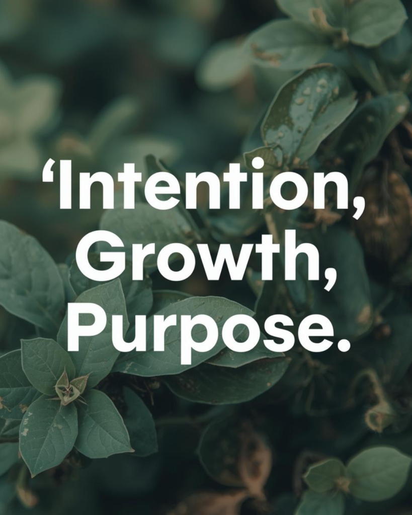 Overlay motivational keywords: “Intention,” “Growth,” “Purpose.”