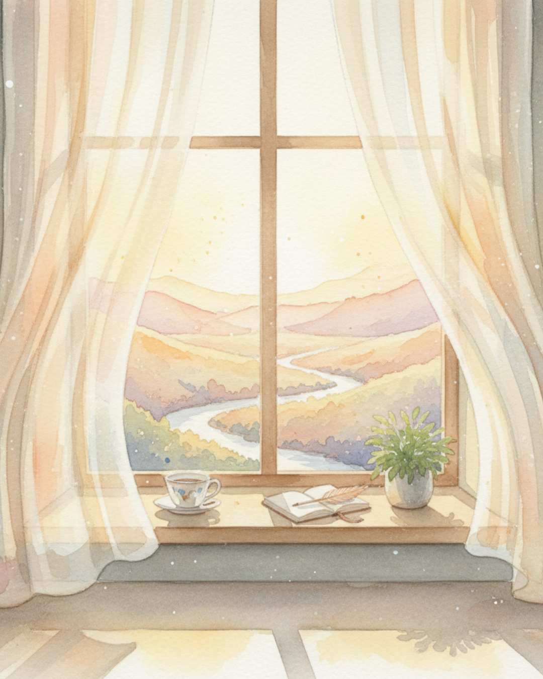 Watercolor illustration of a peaceful window scene with sunlight, an open journal, and a cup of tea, symbolizing self-reflection, healing, and letting go of limiting beliefs.