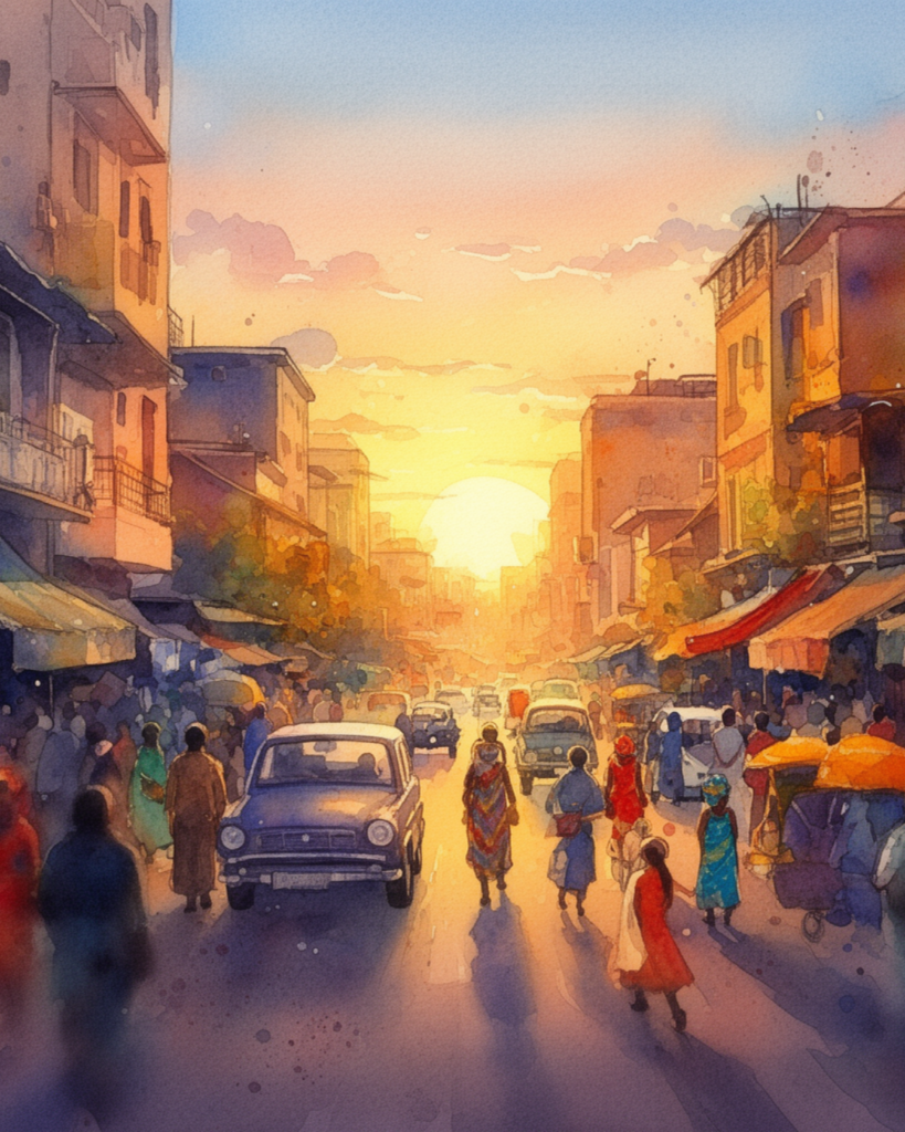 People walking through a busy city street at sunset, representing the impact of growing up without direction.