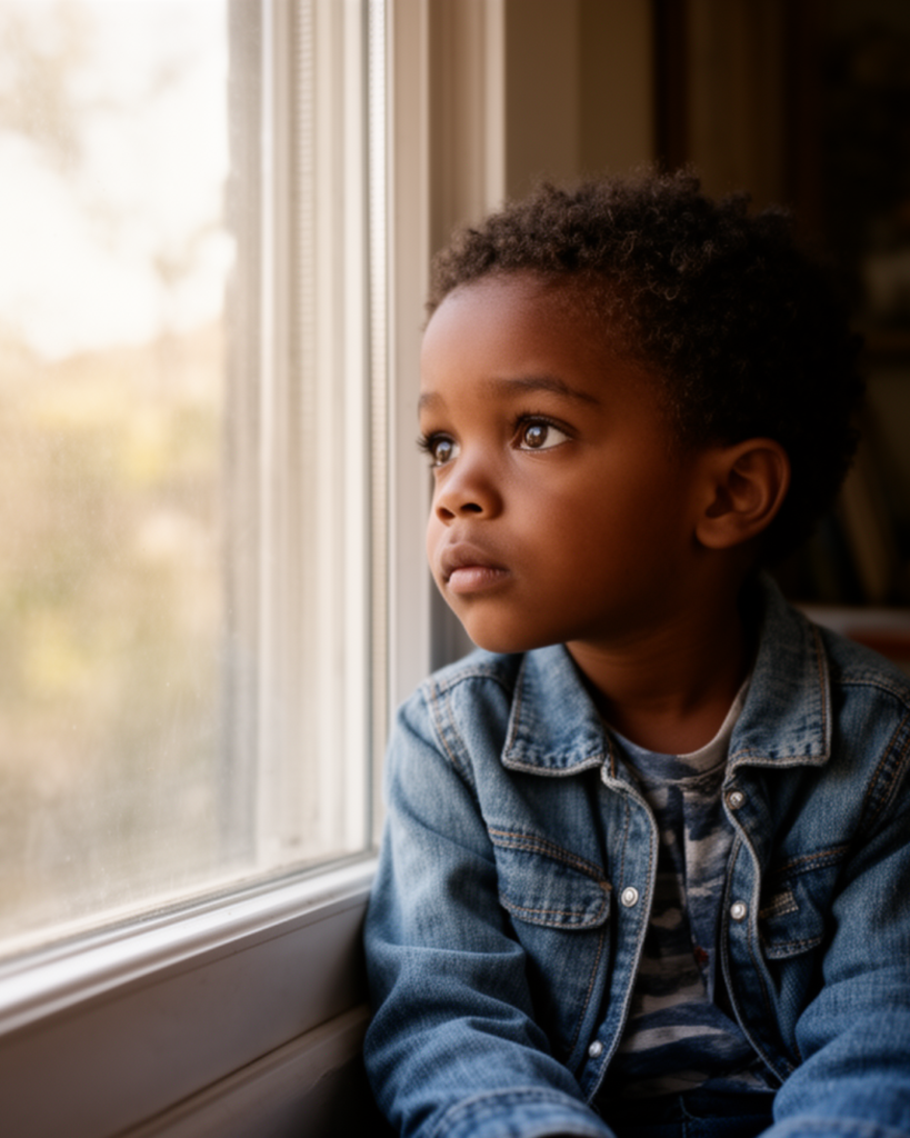 A thoughtful child looking out a window, reflecting how parenting and school shape us from an early age.