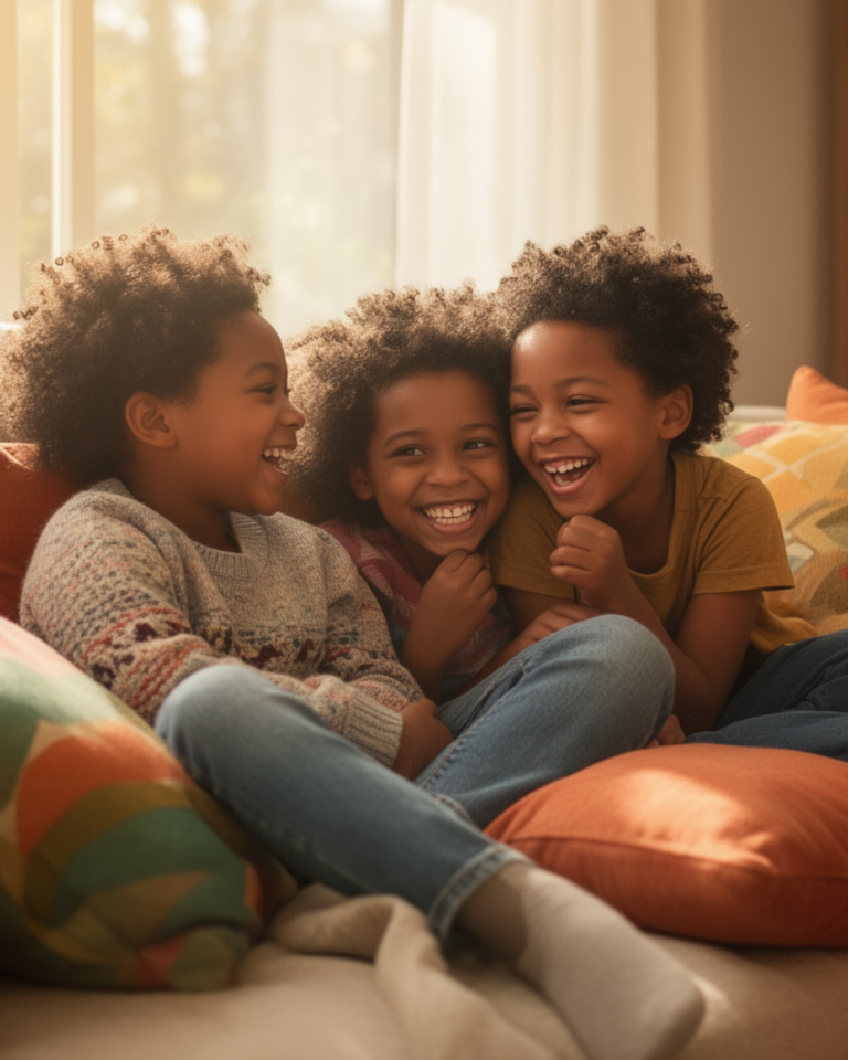 Happy siblings sitting together and laughing at home, showing why sibling relationships matter and are worth encouraging.
