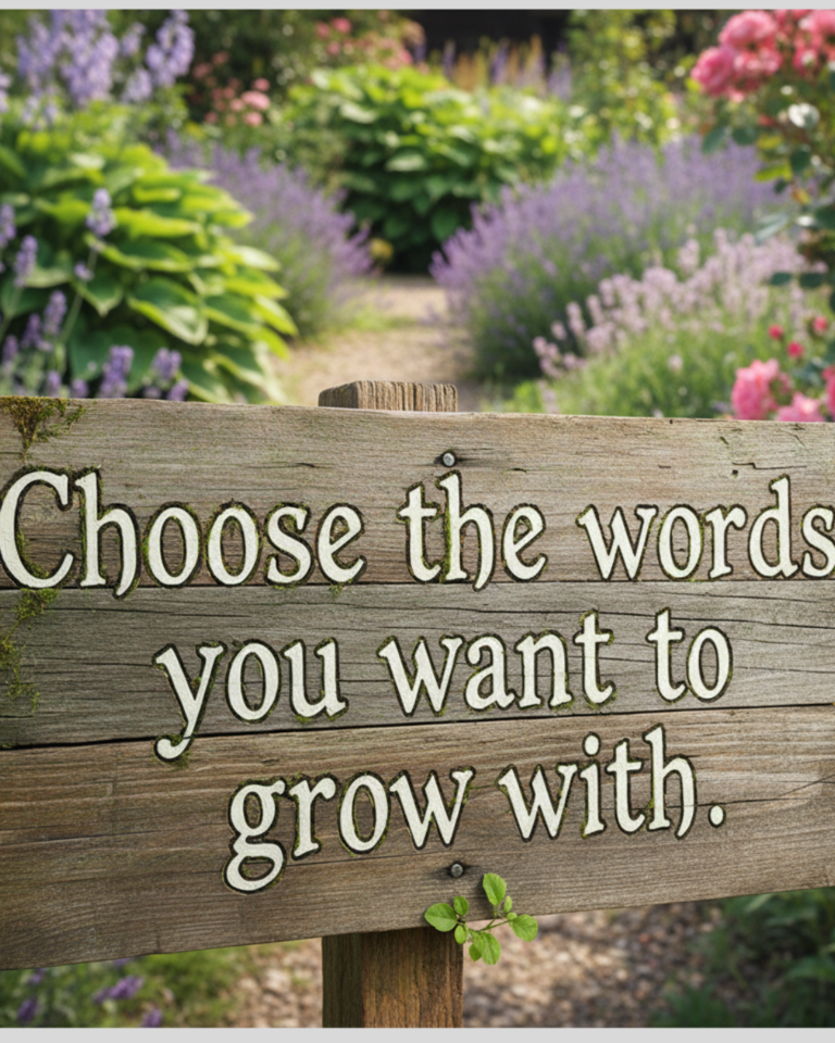 Wooden garden sign reading “Choose the words you want to grow with.”