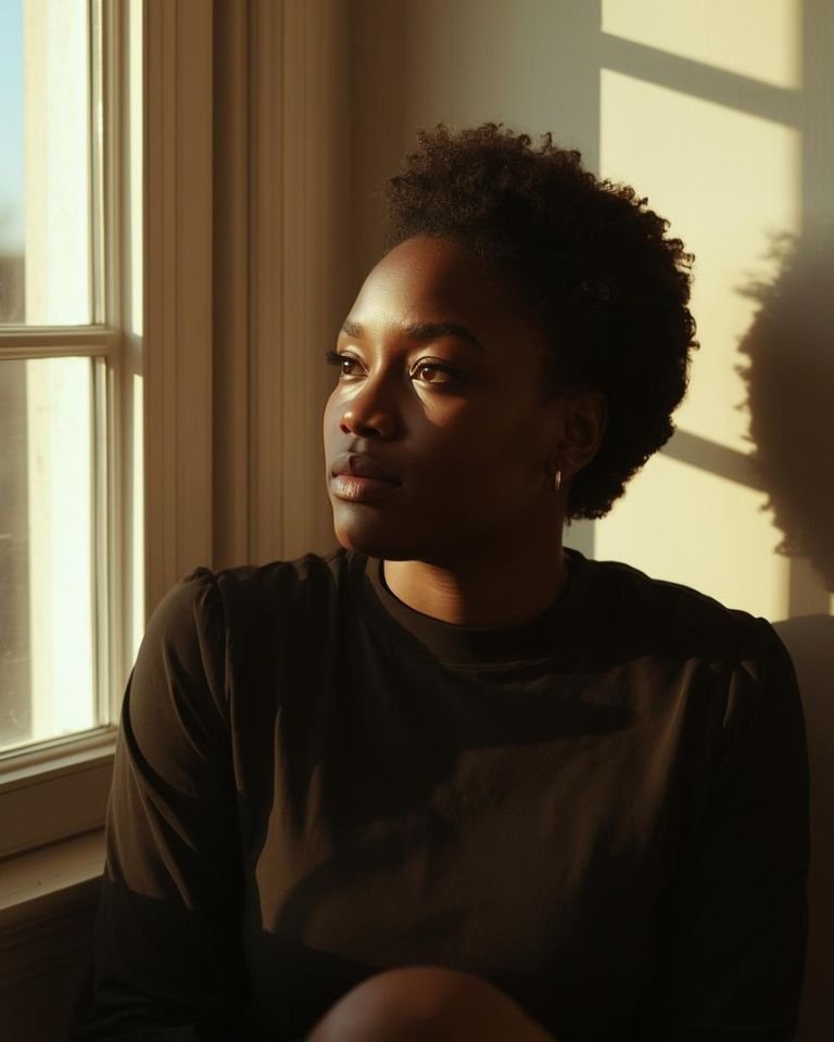 Black woman sitting by a sunlit window, gazing thoughtfully — reflecting on the signs of people-pleasing