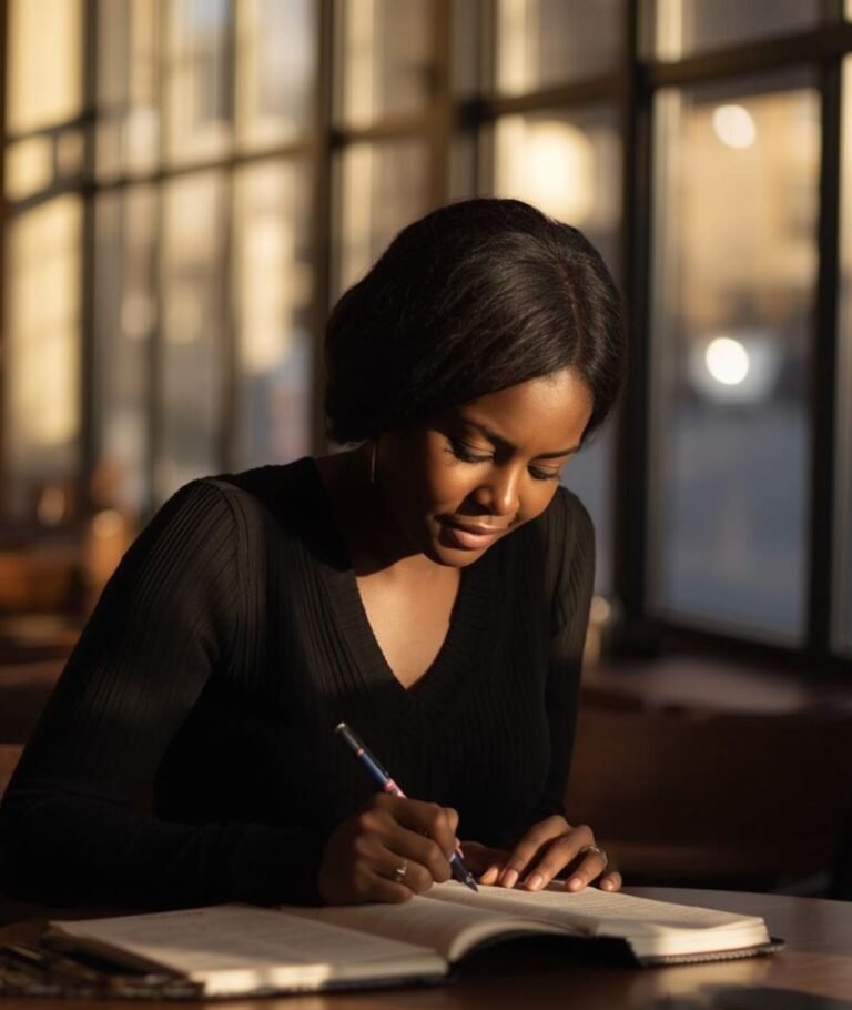 Black woman journaling by a window in warm golden light, reflecting on her healing journey from people-pleasing