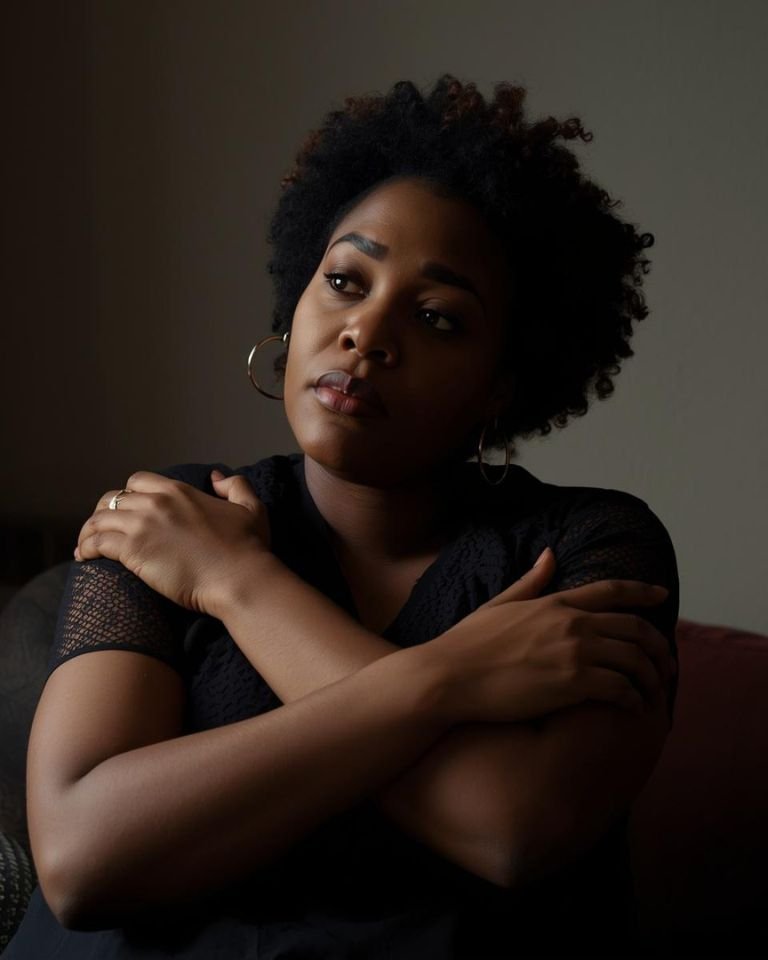 Black woman hugging herself in quiet vulnerability, representing people-pleasing as a trauma response