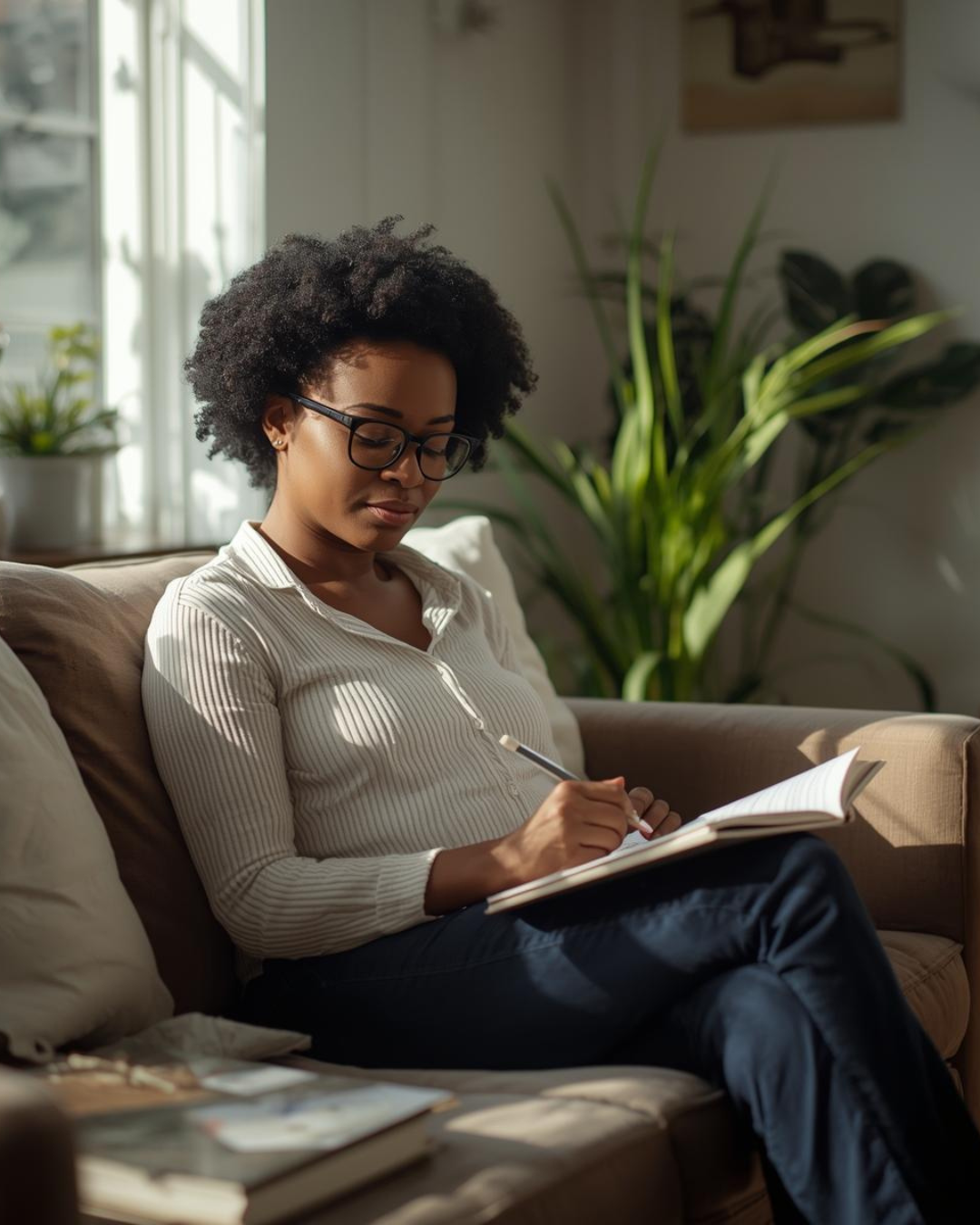 A woman sitting peacefully on a couch, journaling her thoughts as part of spending time alone for personal growth and inner clarity.