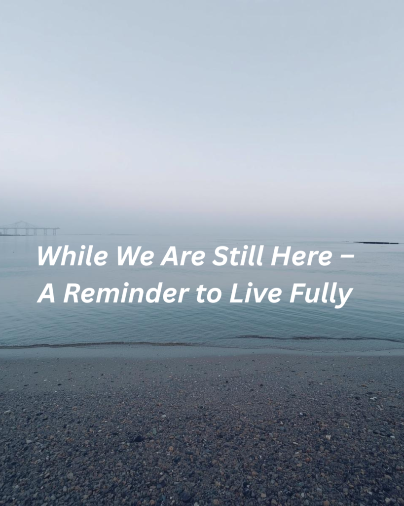 A calm blue beach with the inscription, While We Are Still Here