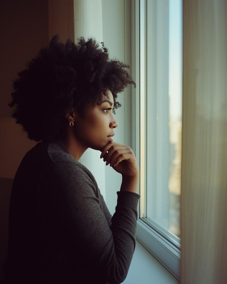 Black woman with natural hair standing at a window, hand on chin, gazing thoughtfully outside, reflecting on why she became a people-pleaser