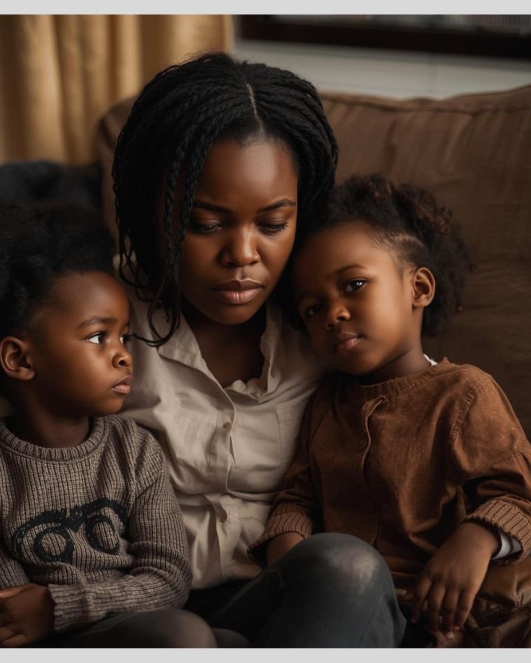 Black mother sitting with her children, quietly overwhelmed — people-pleasing in motherhood