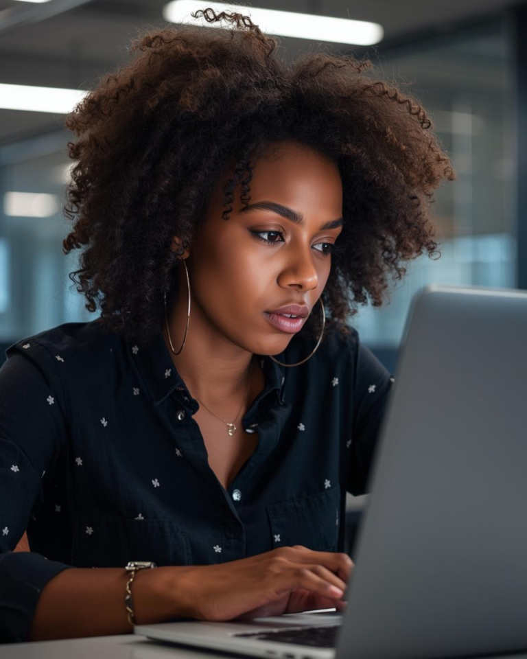 Young woman hesitating while working on her laptop, showing why we are afraid to try new things.