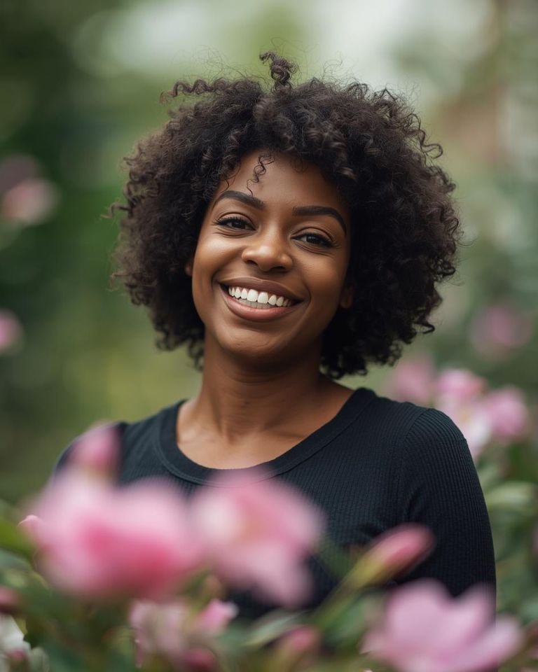 Black woman smiling freely among pink flowers — representing recovery from people-pleasing