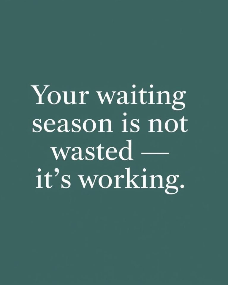 Motivational quote graphic that reads: Your waiting season is not wasted — it's working. White serif text on a deep teal background, by Evolving with Cheta.