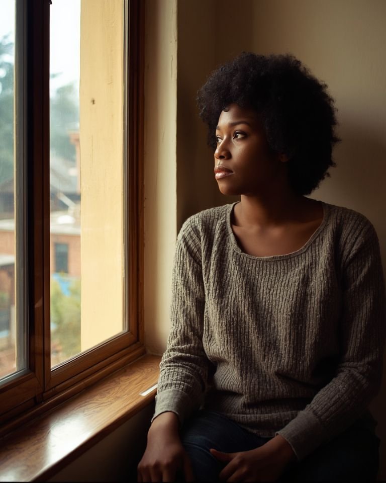 African woman sitting by a window in quiet reflection, representing identity and self-discovery