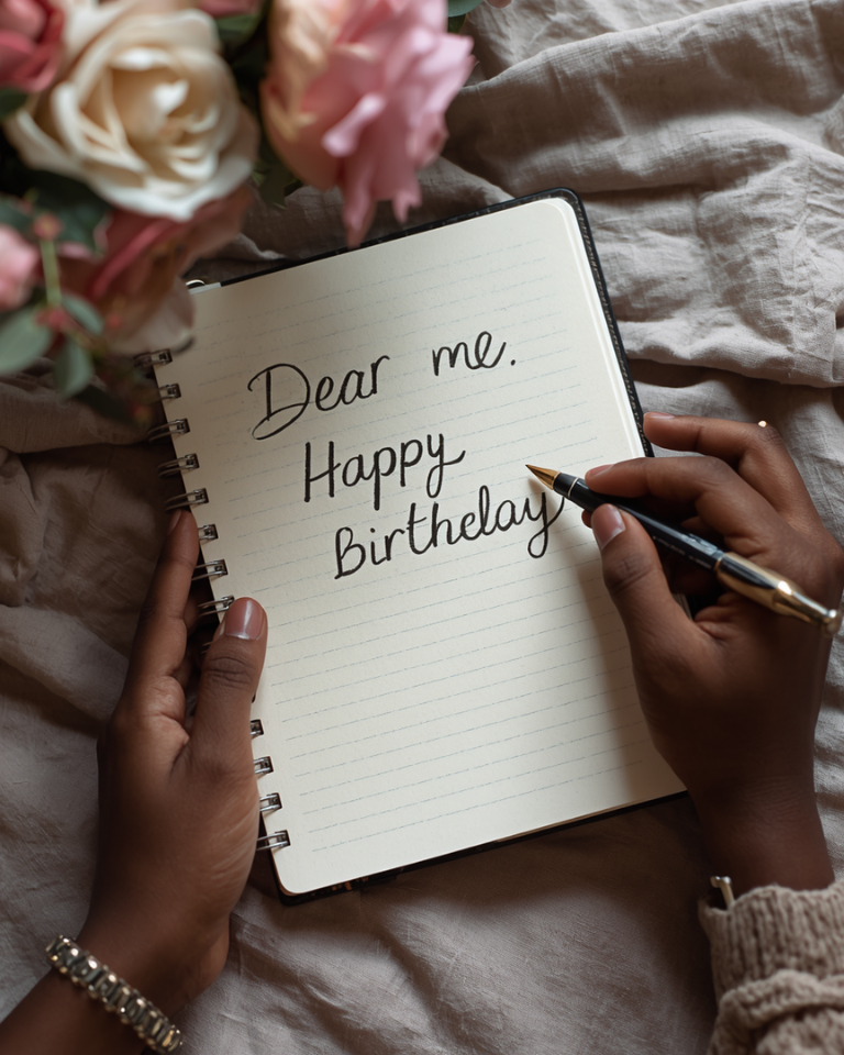 A birthday letter to myself — woman writing "Dear Me, Happy Birthday" in a journal surrounded by flowers