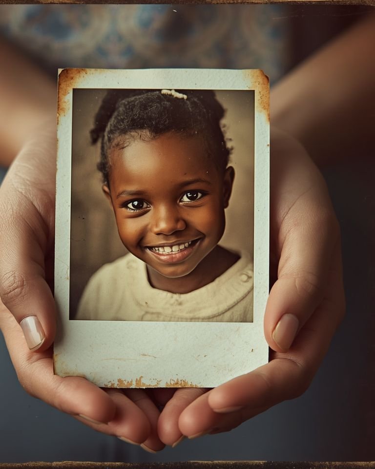 African woman holding a childhood photograph, reflecting on who she was before the roles