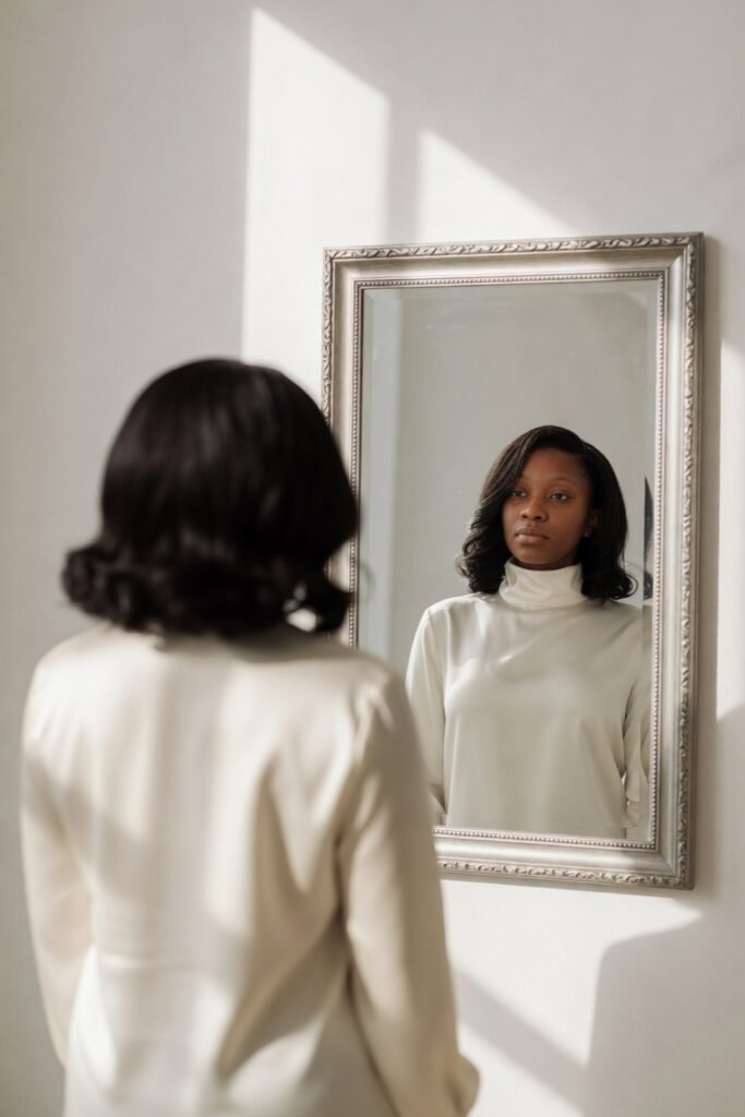 A woman standing before a mirror, quietly reflecting — who are you when nobody is watching?