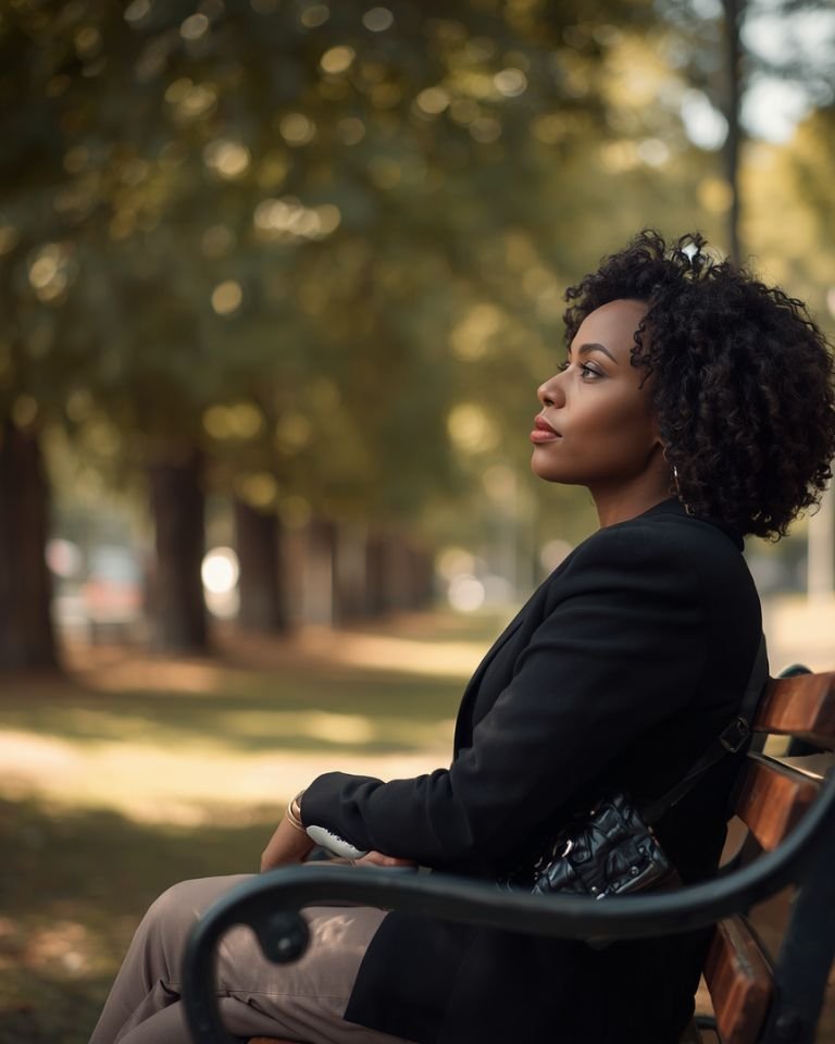 A woman sitting alone on a park bench, looking thoughtful and present, finding yourself again in a quiet moment