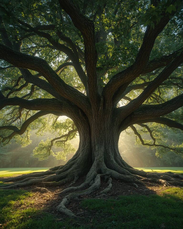 A tree with deep visible roots in golden light, showing how your upbringing shaped who you are today.