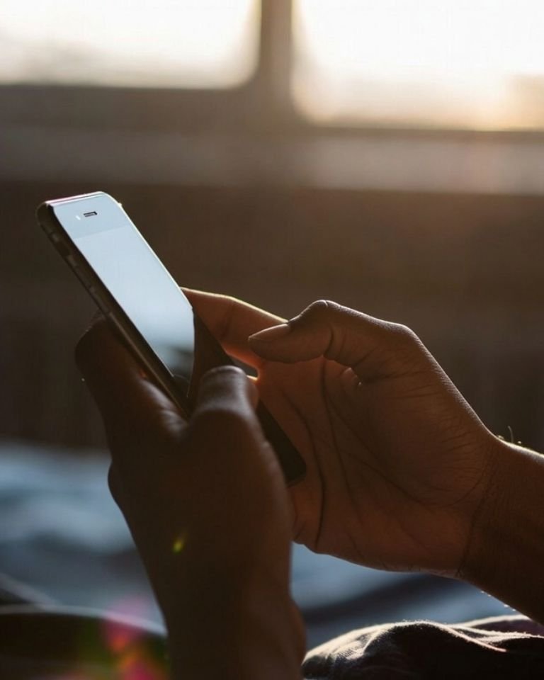 Person scrolling through phone in early morning light — living on autopilot