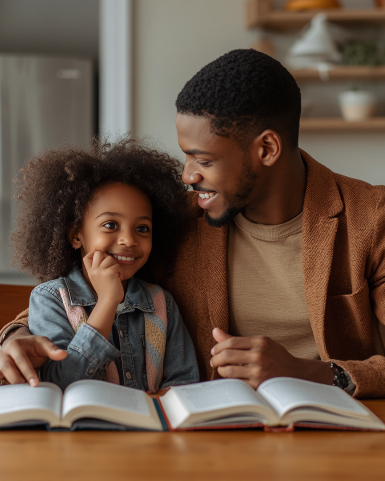 Father and daughter reading together at home, an example of raising children who can think, not just pass exams