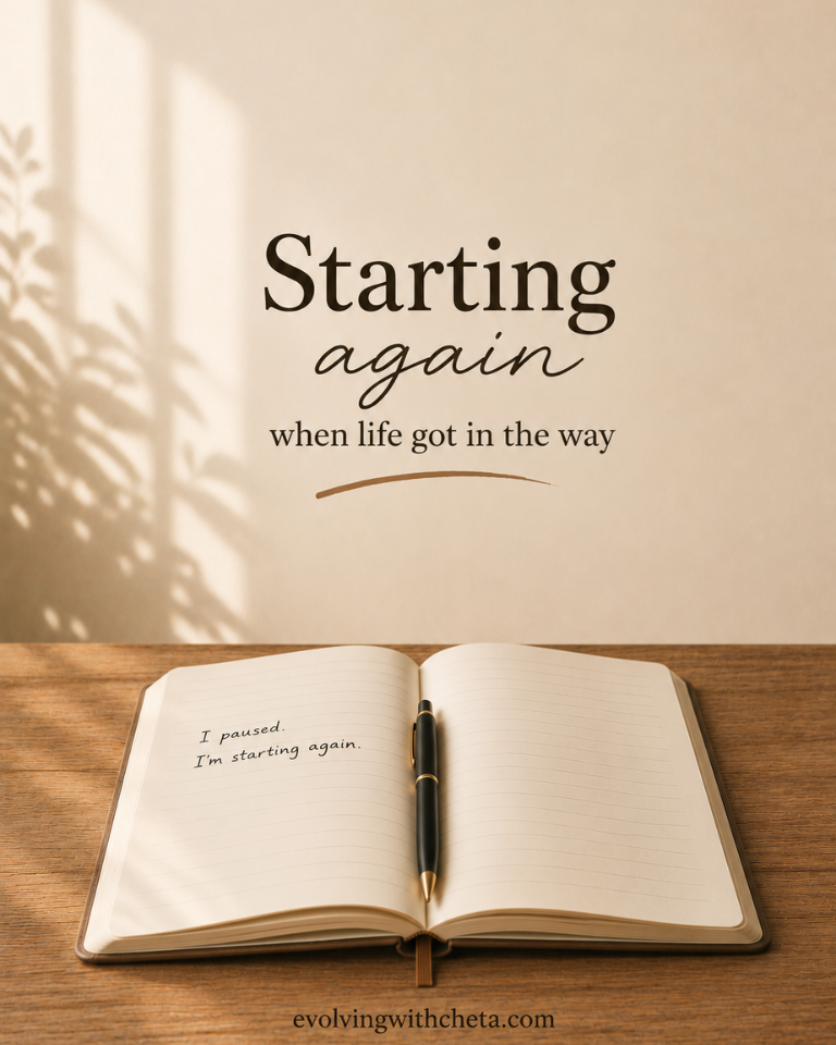 Open notebook reading "I paused, I'm starting again" — starting again after falling off track.