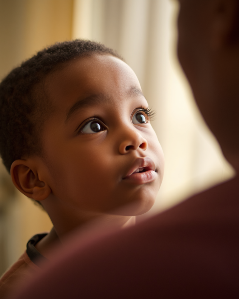 Curious child looking up asking a question, representing how to raise children to know God with love, not fear