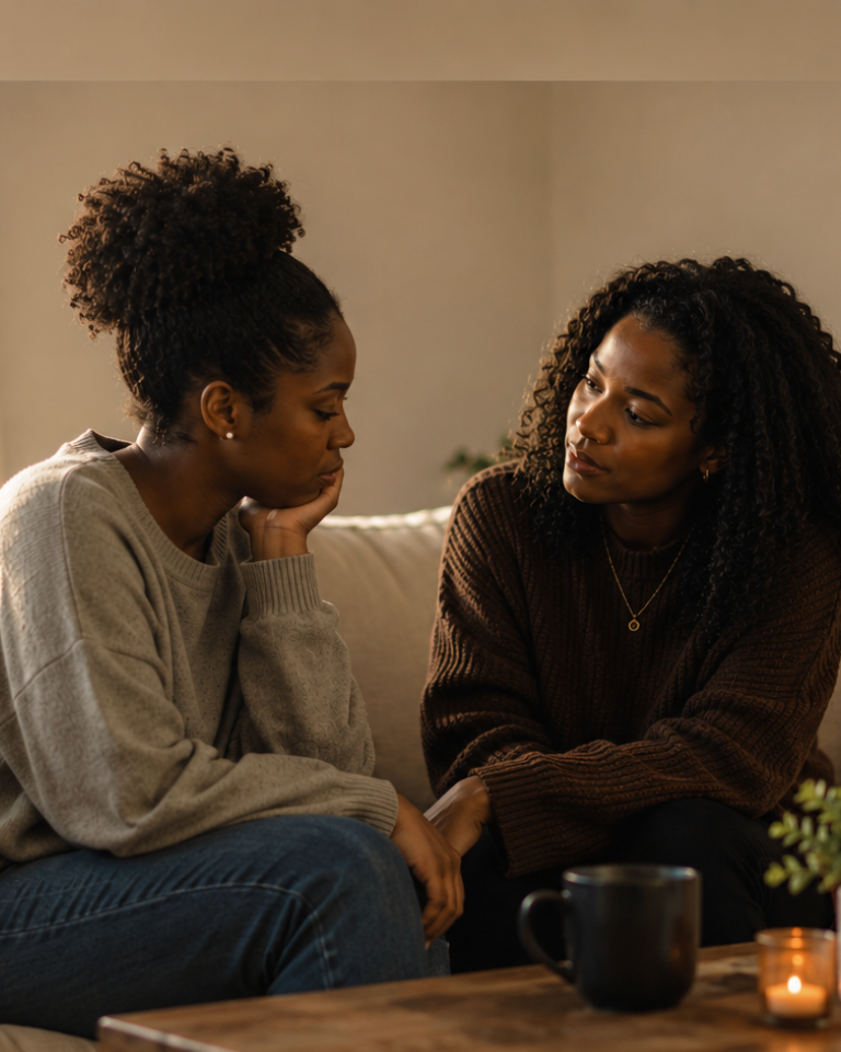 Two Black women sharing a quiet moment together, reflecting the gentle presence and support behind “When Silence Doesn’t Mean ‘Leave Me Alone.’”