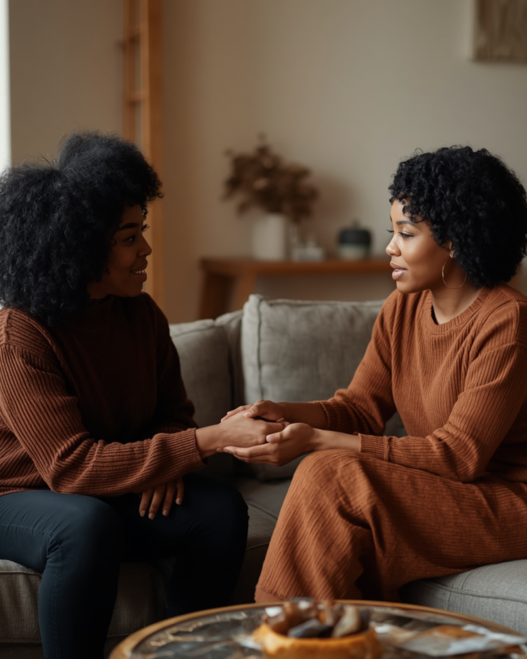 Two friends holding hands, quietly reflecting on what adulthood is teaching us about needing one another