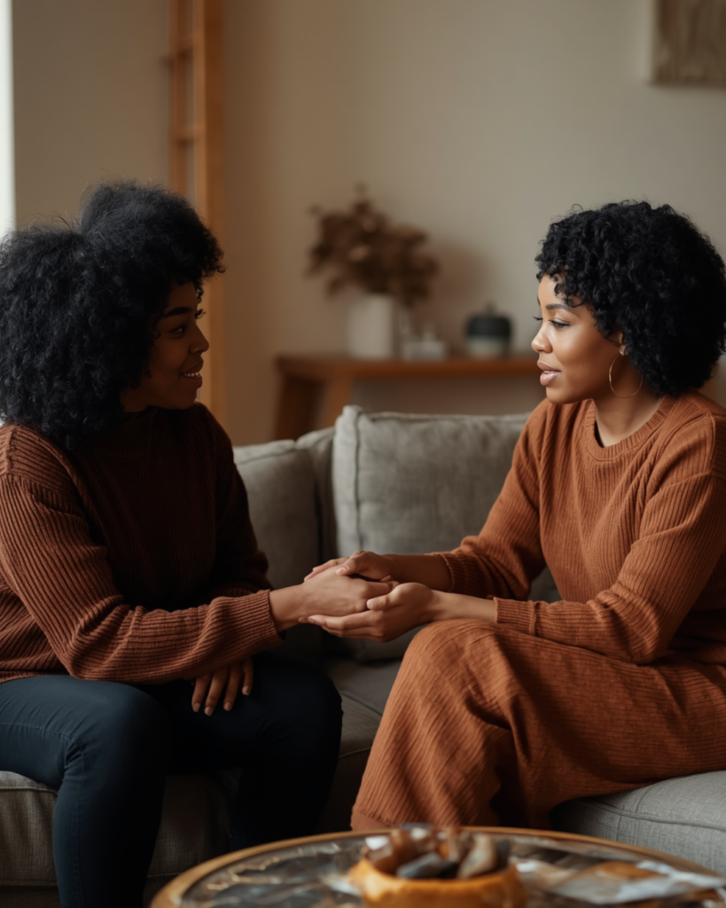 Two friends holding hands, quietly reflecting on what adulthood is teaching us about needing one another