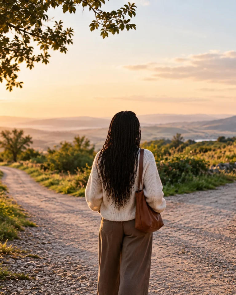 Woman standing on a winding path at sunset, reflecting the journey of learning to trust yourself.