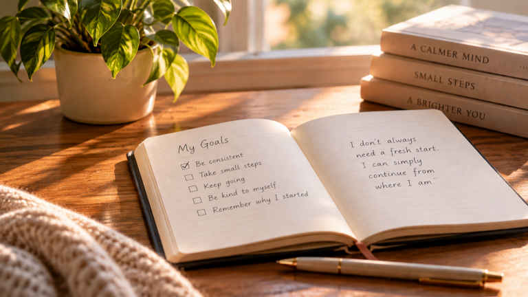 Open journal illustrating how to stay consistent, with a goals checklist on a sunlit desk.