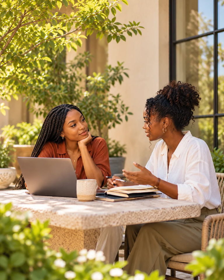 Two Black women sharing ideas and learning from others during a thoughtful conversation.